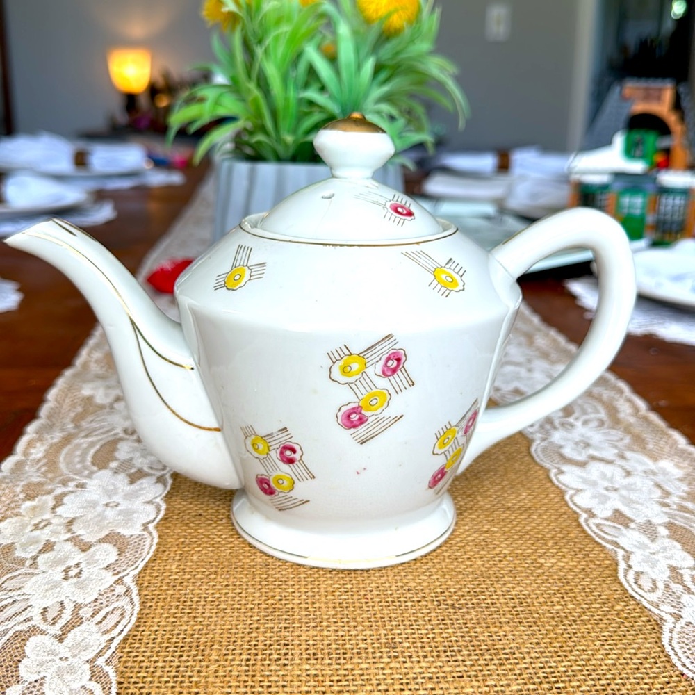 Vintage Antique White Small Teapot with Design Made in Japan